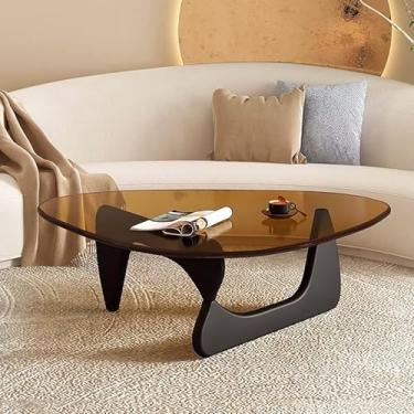 Imagem de Mesa de centro triangular com tampo de vidro - Mesa de canto abstrata moderna de meados do século com base de madeira - Mesa central pequena para sala de estar, escritório em casa, marrom, preto, 91 x