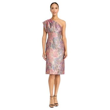 Imagem de Maggy London Vestido feminino de um ombro só, metálico, jacquard para noite e ocasiões especiais, Magenta/azul-petróleo/laranja, 44