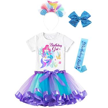 Imagem de Doctor Unicorn Conjunto de roupa de sereia de aniversário para meninas, saia tutu, camisa de aniversário de sereia, faixa de cabeça e faixa de cetim, Sereia azul, 5-6 Anos