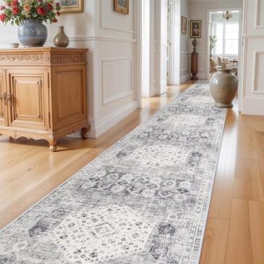 Imagem de Tapete passadeira lavável de 91 cm x 4,8 m para corredor – Tapete vintage longo, antiderrapante, ultramacio, resistente a manchas para decoração de cozinha, sala de estar, quarto, banheiro, cinza