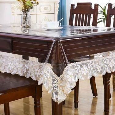 Imagem de JEGPWBKT Toalha de mesa impermeável de plástico transparente, toalha de mesa retangular de vinil com macramê de renda, à prova de derramamento de óleo, capa de mesa para mesas de jantar, festas e