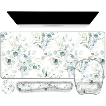 Imagem de NXZGO Conjunto de suporte de pulso de mousepad: tapete de mesa de computador com folhas de grama, mousepad grande + descanso de pulso para teclado e mouse + porta-copos, protetor de mesa ergonômico,