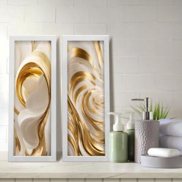 Imagem de Kit 2 Quadros Decorativos Lavabo Abstrato Branco Dourado Moderno Elega