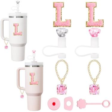 Imagem de XIANGYUAN Capa de canudo para acessórios Stanley Cup, topo de palha de diamante brilhante, pingentes exclusivos de letras de cristal para copos Stanley, adesivo para decorações Stanley, conjunto rosa