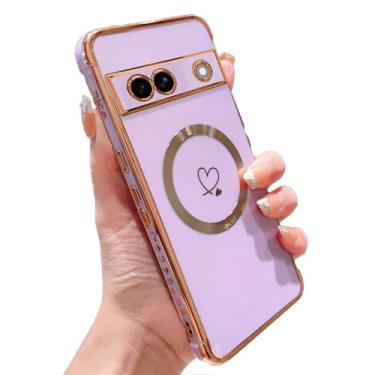 Imagem de SUYACS Capa magnética para Google Pixel 7a compatível com Magsafe Capa de telefone feminina fofa com revestimento de coração sem fio proteção contra quedas de carga macia e slim fit galvanizado (roxo
