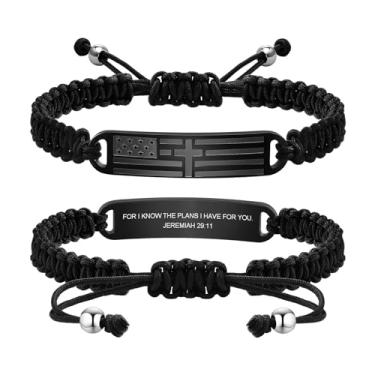 Imagem de TempBeau Pulseira de cruz masculina - corrente de aço inoxidável com versículo bíblico preto com bandeira americana, ideias de presente de aniversário, confirmação de primeira comunhão, batismo,