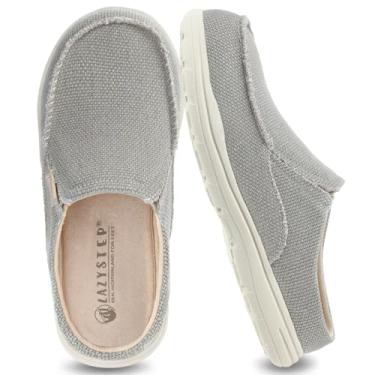 Imagem de LazyStep Pantufa masculina McCoy de lona larga com espuma viscoelástica confortável, sapatos para uso interno e externo (2024, cinza pálido, tamanho 10), Cinza pálido, 41