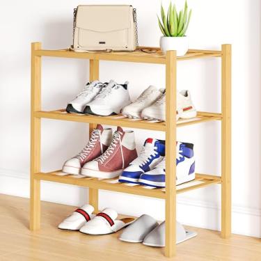 Imagem de Smiry Sapateira, organizador de sapatos de bambu pequeno de 3 níveis, prateleira de armazenamento de sapatos de madeira empilhável para armário, entrada, entrada da porta da frente, natural