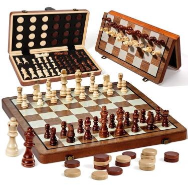 Imagem de Conjunto de xadrez MerryPony de madeira de 15 polegadas com xadrez e damas