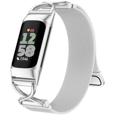 Imagem de JKD Pulseiras prateadas compatíveis com Fitbit Charge 6/Charge 5, mulheres e homens, pulseira de malha de metal magnético, pulseira de substituição para Fitbit Charge 5/Charge 6, acessórios de