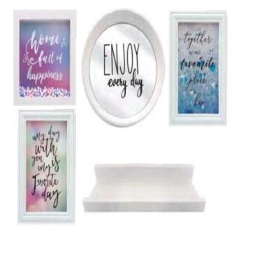 Imagem de Kit decoracao prateleira espelho quadro e porta retrato de parede com 