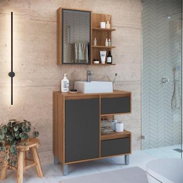 Imagem de Conjunto de Gabinete com Cuba Branca e Armário de Banheiro com Espelho Paula 2 pt 2 gv Mel e Grafite