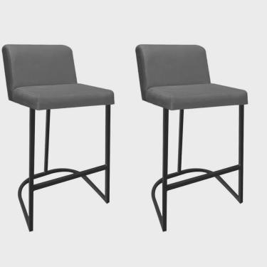 Imagem de Kit 02 Banquetas Com Encosto Noah Luxo Confort Bistrô Cozinha Ferro Preto Corino Cinza - Ahazzo Móveis