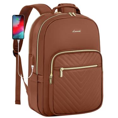 Imagem de Mochila de couro LOVEVOOK para mulheres com laptop de 17,3 polegadas marrom