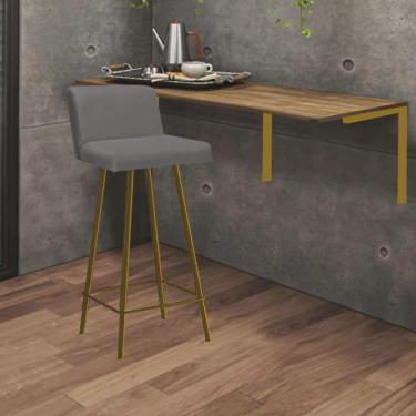 Imagem de Kit Mesa Suspensa de Parede Fixa mdf Freijó + 1 Banqueta Lexi Ferro Dourado Corino Cinz...