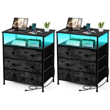 Imagem de PATAVOT Cômoda Com 3 Gavetas E Estação De Carregamento, Conjunto De Mesa De Cabeceira Led De 24 Polegadas De Largura, 2 Com Gaveta De Tecido Ajustável, Mesa De Cabeceira Com Prateleira De Armazenam