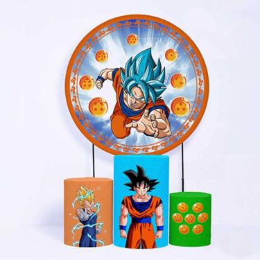 Imagem de Kit Painel de Festa Redondo de 1,50m e Trio de Cilindros Dragon Ball - Fera Print