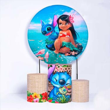 Imagem de Kit Painel de Festa Redondo de 1,30m e Trio de Cilindros Lilo &amp; Stitch - Fera Print