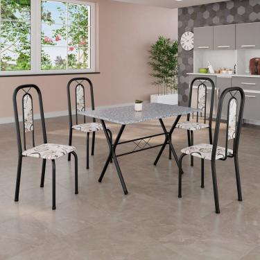 Imagem de Conjunto de Mesa Tubular 100x60cm Tampo em Granito Ocre com 4 Cadeiras Lívia Arabesco / Preto