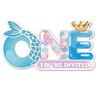 Imagem de Opomzk Convites de 1ª festa de sereia com envelopes, 20 conjuntos de convites de sereia em formato único para festa de aniversário de um ano de idade, chá de bebê, convites suprimentos para bebês