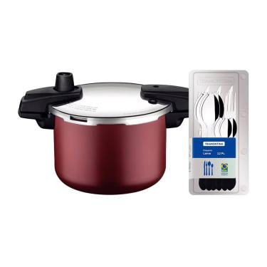Imagem de Panela de Pressão Tramontina Arizona em Alumínio, Revestimento Starflon Max 4,5L – Vermelha + Faqueiro 12 Peças Leme, Lâminas em Aço Inox – Preto