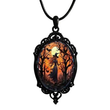Imagem de bike8 Colar gótico de bruxa camafeu para mulheres vintage morcego cristal pandente colar punk corvo vidro colar gótico vampiro colares de fantasia de Halloween bijuteria, Large Size, Metal, Sem Pedra
