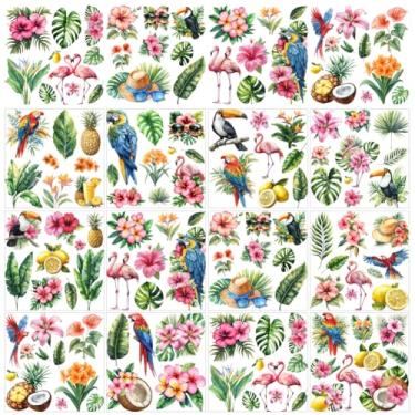 Imagem de GOMAKERER 12 folhas tema verão esfregar em transferências, filme de transferência de calor estilo havaiano 12 estilos verde planta palmeira flamingo impermeável esfregar em adesivos para artes e