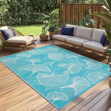 Imagem de Pcinfuns Tapetes de pátio ao ar livre 1,8 m x 2,5 m, impermeável, tapete de plástico reversível, tapete de acampamento, tapetes de área grande para trailer, deck, varanda, praia, varanda, azul aqua e