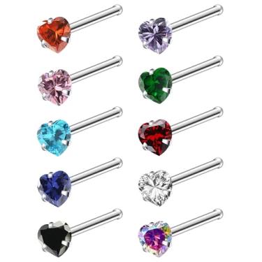 Imagem de Ruifan ASTM F136 Anéis de nariz de titânio 18 G, 20 G, 22 G, cor mista, coração, zircônia cúbica, piercing de nariz, parafuso, em forma de L, hipoalergênico, joia para mulheres 3 mm, 10 peças, 20G