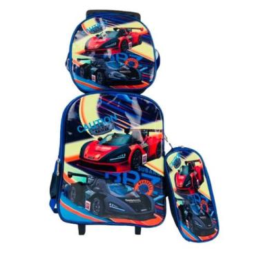 Imagem de Kit mochila infantil meninos com rodinhas carros escolar estojo lanche
