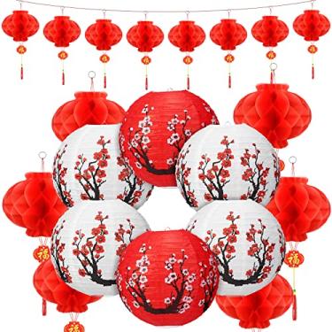 Imagem de Fumete 20 peças de lanternas de papel japonesas chinesas de 30 cm e lanternas vermelhas de 20 cm decorações de festa Hibachi lanternas decorativas de flor de cerejeira para restaurante doméstico de