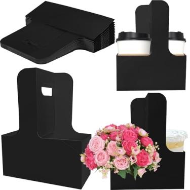 Imagem de Pacote com 50, 2 xícaras, porta-bebidas com alça para 2 ou 4 xícaras de papelão kraft, porta-copos para entrega de café, bebidas, caixa de embalagem floral, aniversário, dia das mães, formatura, festa