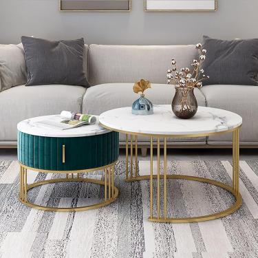Imagem de Conjunto De 2 Mesas De Café Redondas, Mesa De Coquetel Moderna Com Tampo De Mármore Falso, 2 Peças Mesa Lateral De Acabamento Mdf Mesa De Acento Para Escritório Quarto, D, 40x40+60x45cm