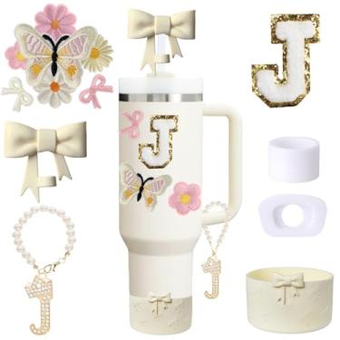 Imagem de Conjunto de acessórios de copo Stanley branco de 13 peças para copo de 850 g 1,134 g com alça, incluindo pingente de alça, adesivo inicial personalizado, topo de palha, bota de silicone, tampa à prova