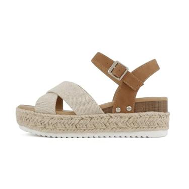 Imagem de Soda "FIRELY" ~ Sandália feminina com bico redondo e plataforma cruzada com alpargata, com tira ajustável no tornozelo, Lona bege/marrom, 34