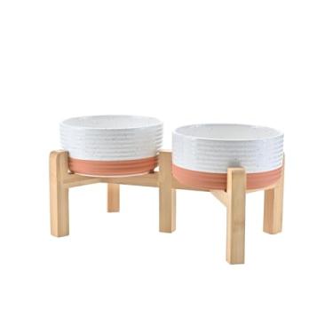 Imagem de SPUNKYJUNKY Tigelas elevadas de cerâmica para cães e gatos, 15 cm, com suporte de bambu antiderrapante para raças médias seguras para micro-ondas e lava-louças, 813 g, padrão branco