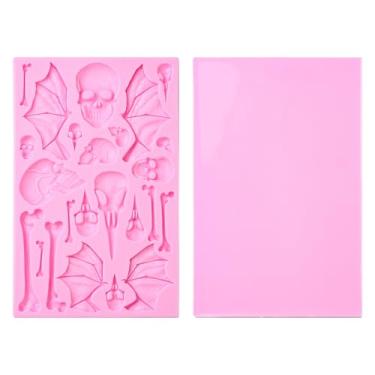 Imagem de UR URLIFEHALL 2 peças de moldes de silicone com tema de Halloween, cabeça de crânio, ossos e formas de chocolate para bolos, pudim de doces, bandeja de utensílios de cozinha, fabricação de sabão