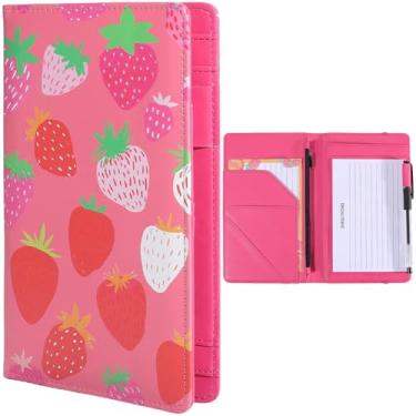 Imagem de CREATCABIN Pranchetas de couro PU, pasta de couro, pasta, pasta, fichário, armazenamento com 5 bolsos, prancheta em espiral, fólio com bloco de notas, fecho elástico e laço para caneta, morango, 19 x