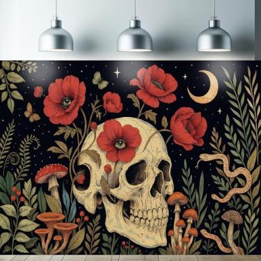 Imagem de Starlit Patio Tapeçaria de caveira gótica com luz negra UV reativa para pendurar na parede, papoulas, cogumelos, serpente, lua e olho floral, design para quarto, dormitório, sala de estar, bruxa
