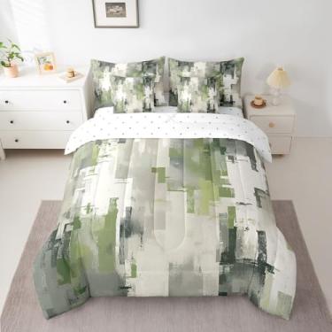 Imagem de Feelyou Conjunto de edredom King Size arte abstrata para crianças, meninos, meninas, arte moderna, conjunto de cama geométrico, verde, edredom + lençóis + fronhas + fronhas