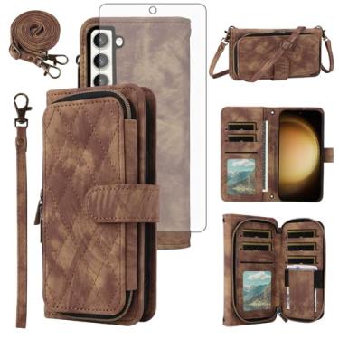 Imagem de Capa de celular para Samsung Galaxy S23 Plus S23+ 5G capa carteira celular com protetor de tela de vidro temperado alça transversal alça flip bolsa porta-cartão slot S23plus 23S + S 23 23+ SM-S916U