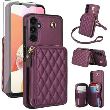 Imagem de Capa de celular para Samsung Galaxy A14/M14 5G carteira de celular com protetor de tela de vidro temperado alça transversal de pulso suporte de bloqueio RFID para cartão de crédito A 14 4G 14A 14M G5