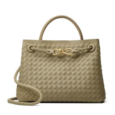 Imagem de Bolsa feminina tecida: bolsas de ombro de couro vegano - sacolas modernas de praia de verão - bolsas de viagem grandes bolsa tecida à mão para férias (verde)