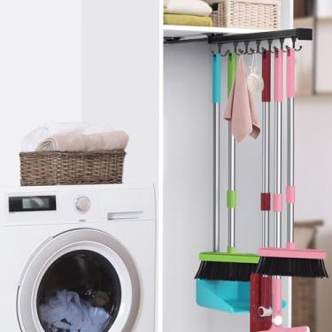 Imagem de DegMongee Suporte de vassoura com gancho deslizante de fileira dupla ajustável, vassoura deslizante multifuncional e ganchos de organização de garagem/organizador de esfregão, para armário, lavanderia