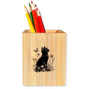 Imagem de BJDAMAI Porta-canetas de gato para mesa, porta-copos de madeira para organizador de canetas de escritório, acessórios decorativos de mesa para casa, presentes para mulheres e meninas!
