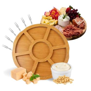 Imagem de Kit Petisqueira de Madeira Redonda com Molheira Ramekin e Garfinhos para Petiscos Frios e Queijo