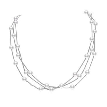 Imagem de Aleasha Colar de pérolas falsas com vários fios para mulheres, corrente de prata e pérola branca tripla de 5 mm, colar de estação em camadas, bijuteria moderna, presentes