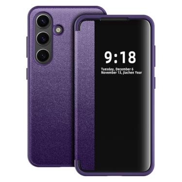 Imagem de Capa flip para Samsung Galaxy S24 S View, fosco translúcido transparente visualização fólio 360 graus capa protetora para celular para Samsung S24, capa flip de luxo para Samsung S24 (Roxo)