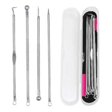 Imagem de Kit Removedor de Cravos e Espinhas 4 Peças | Extrator Inox com Estojo | Limpeza Facial Profissional em Casa