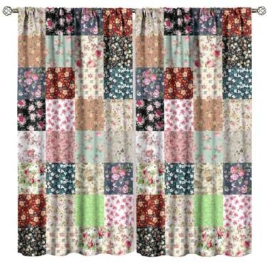 Imagem de Cortinas de retalhos florais, boêmio rústico casa de fazenda vintage estampa estampa bolso haste tratamentos de janela cortinas para crianças meninos adolescentes sala de jogos quarto 107 cm L x 114